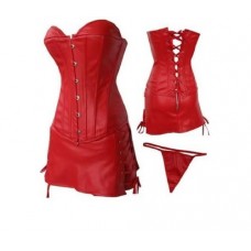 Sexy Black Faux Leather Corset & Skirt Basque (xxxx Large, Red)
