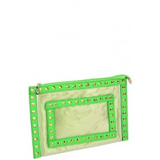 Studded Zipped Pvc Clutch Bag Green