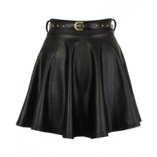 Ladies Flared Pleated Skater Faux Leather Wet Look Pvc Pu Skirt Stud Belt Party