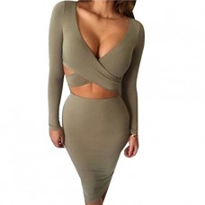 Spritech(tm) Women Girl Spring Fashion Long Sleeve Dress Slim Fit Sexy V-neck Skirt Grey M