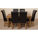 French Rustic Solid Oak 150 Cm Dining Table & 6 Black Washington Leather Chairs