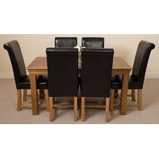 French Rustic Solid Oak 150 Cm Dining Table & 6 Black Washington Leather Chairs