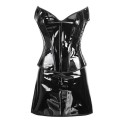 Gothic Punk Faux Leather Black Basque Corset Top + Skirt Set Biker Girl Costume