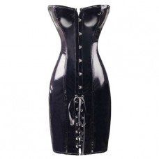 Bslingerie Womens Lace Up Back Shiny Pvc Corset Dress With Mathing Thong Black Size: Uk 12-14 (l)