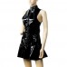 Sasairy Queen's Glossy Pvc Wet Look Vinyl Fetish Sleeveless Mini Dresses Cosplay Party Sexy Night Clubwear Round Neck Pleated Skirt Skater Black,8