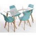 Charles Jacobs Dining Table With Four Blue Chairs Set Solid Wood Oak Legs And Clear Glass Table Top New Cushioned Contemporary Design For Extra Comfort, Modern Lounge Furniture - Premium Quality