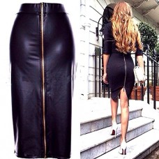 New Ladies Black Faux Leather Zipper Back Skirt Club Wear Office Wear Party Size Uk 10-12 Eu 38-40