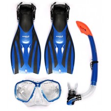 Mask, Snorkel & F52 Fins Scuba Complete Pvc Snorkelling Dive Combo Set (marine Blue, L / Xl (uk9 - Uk13))