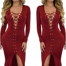Bestime Womens Red Lace Up V Neck High Slit Maxi Dress One Size