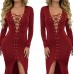 Bestime Womens Red Lace Up V Neck High Slit Maxi Dress One Size