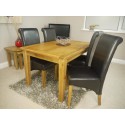Rustic - Oak Fixed Table Dining Set With 4 Black Leather Chairs / Scroll Back