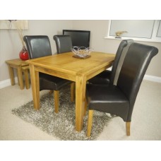 Rustic - Oak Fixed Table Dining Set With 4 Black Leather Chairs / Scroll Back