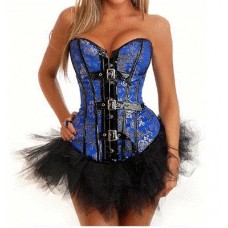 Burlesque Box-burlesque Blue Gothic Punk Biker Corset Basque And Tutu Skirt Fancy Dress Outfit Pvc Trim Buckles-size 12
