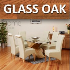 1home Glass Top Oak Cross Base Dining Table W/ 6 8 Leather Chairs Room Furniture 200cm (table With 6 Chairs)