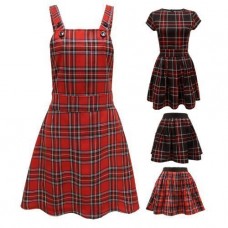 Ladies Tartan Check Print Wetlook Waistband Pleated Mini Pinafore Dress Pvc Sleeve Size 8