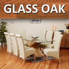 1home Glass Top Oak Cross Base Dining Table W/ 6 8 Leather Chairs Room Furniture 200cm (table With 8 Chairs)