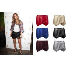 New Womens Pvc Pu Wrap Mini Skirt Skort Wet Look Irregular Hem Shorts Culottes [uk 12 - Aus 12 - Us 8 = Red]