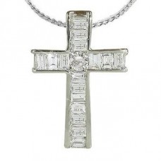 Round And Baguette Diamond Cross Pendant