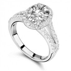 Single Halo Oval Diamond Split Shoulder Set Ring