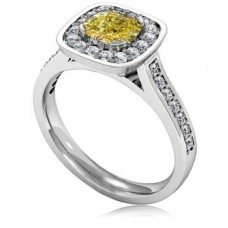 Fancy Yellow Cushion Diamond Halo Shoulder Set Ring