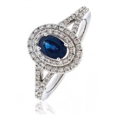 Blue Sapphire & Diamond Halo Ring