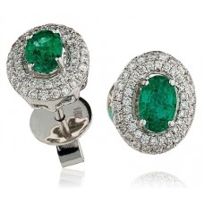 Oval Shaped Emerald & Diamond Halo Earrings