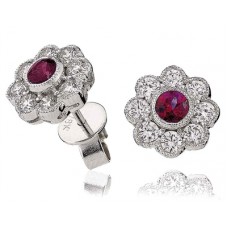 Round Ruby & Diamond Cluster Earrings