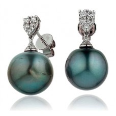 Round Diamond & Black Pearl Drop Earrings