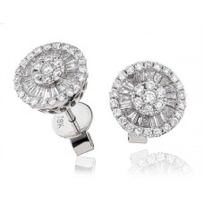 Unique Round & Baguette Diamond Halo Cluster Earrings
