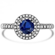 Round Blue Sapphire & Diamond Halo Ring