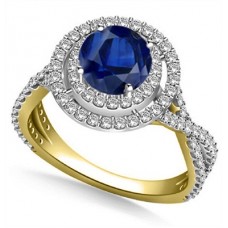 Round Blue Sapphire & Diamond Halo Ring