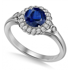 Round Blue Sapphire & Diamond Halo Ring