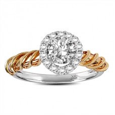 Milgrain Leaf Motif Round Diamond Halo Ring