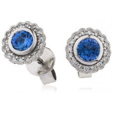 Round Blue Sapphire & Diamond Cluster Earrings