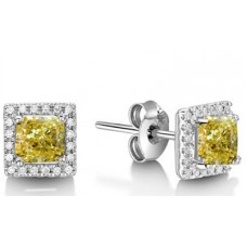 Fancy Yellow Cushion Diamond Halo Earrings