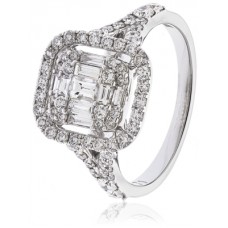 Modern Round And Baguette Diamond Halo Cluster Ring