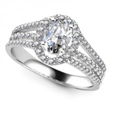 Oval Diamond Single Halo Triple Row Shoulder Set Ring