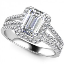 Emerald Diamond Single Halo Triple Row Shoulder Set Ring