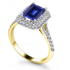 Blue Sapphire & Diamond Double Halo Shoulder Set Ring