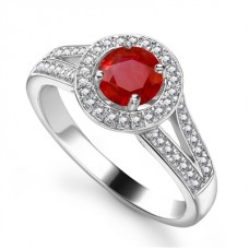 Round Ruby & Diamond Halo Shoulder Set Ring Round Ruby & Diamond Halo Shoulder Set Ring