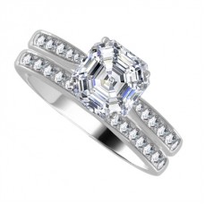 Asscher Diamond Shoulder Set Ring With Matching Band