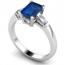 Emerald Blue Sapphire & Baguette Diamond Trilogy Ring