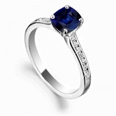 Cushion Blue Sapphire & Diamond Shoulder Set Ring