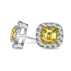Fancy Yellow Asscher Diamond Halo Earrings