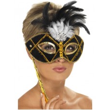 Eyemask, Black And Gold With Feather On Stick