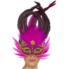 Bright Pink Feathered Eyemask With Gold Braid Edge
