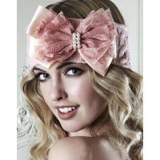 Cable Headband With Pearl And Net Bow In Tea Rose
