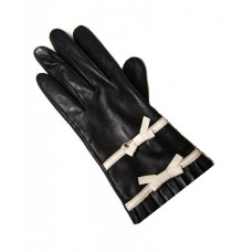 Frill With Two Bows Leather Gloves In Black And Cream