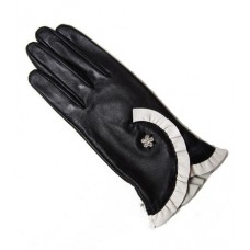 Ruffle Diamante Leather Glove In Black And Cream
