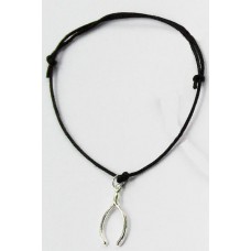 Silvertone Wishbone Black Cord Charm Bracelet